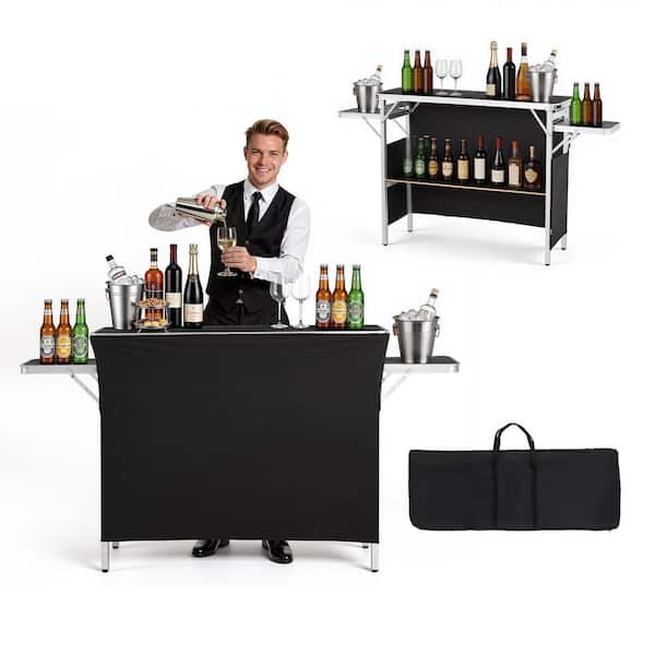 Folding Portable Bar Table, 43.3 x 15.4 x 34.6 in., with Carry Bag Storage Shelf and Detachable Skirt, Easy Setup