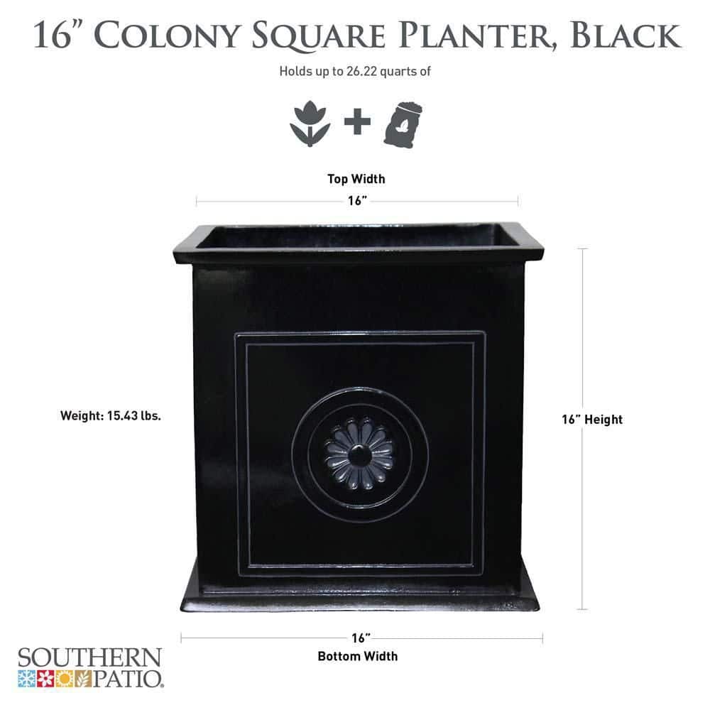 Glossy Black Square Resin Planter with Floral Medallions, 16"