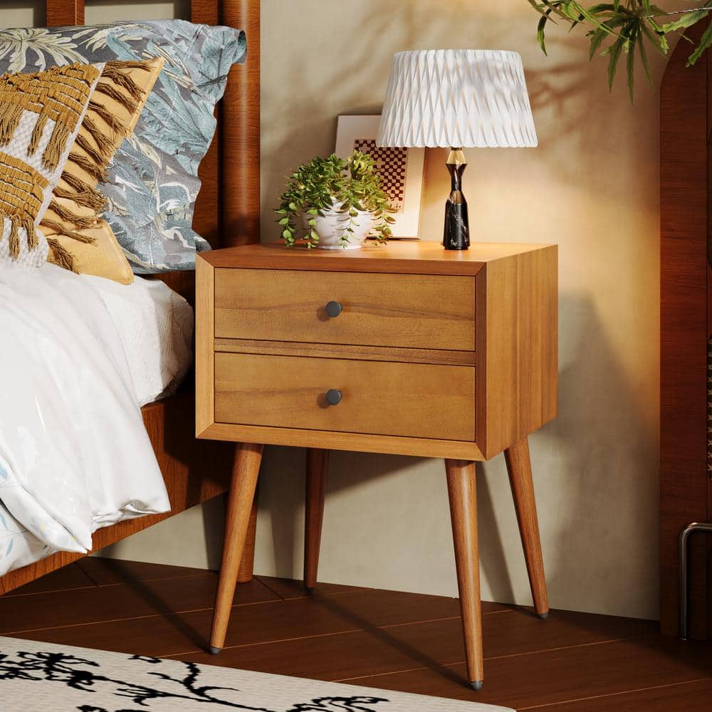 Natural Acacia Wood Mid-Century Modern 2-Drawer Nightstand