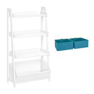 24 in. Wide White Kids 4-Tier Ladder Shelf Toy Organizer and Book Storage with 2 Half Size Turquoise Fabric Bins