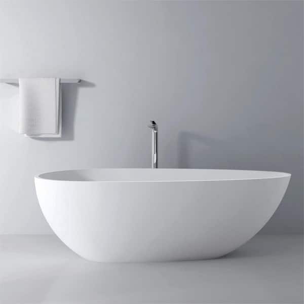 Solid Surface Flatbottom Freestanding Bathtub Contemporary Oval Soaking Bathtub in 66.9 in. x 34 in. Matte White