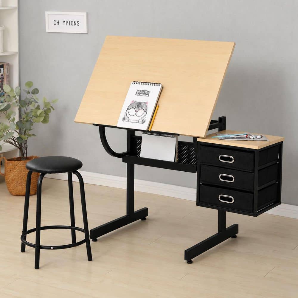 45.27 in. Rectangle Maple Finish Wood and Black Metal 3-Drawers Adjustable Drafting Table Writing Desk with Stool