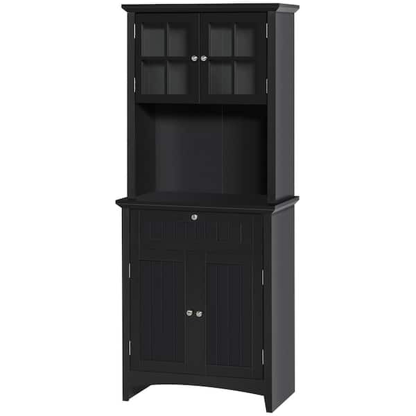 64.5 in. Wood Pantry Organizer with Hutch, Framed Glass Door Drawer and Microwave Space in Black
