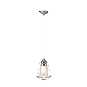 1-Light Brushed Nickel Mini Pendant with Clear Seeded Glass Shade and Metal Wire Cage