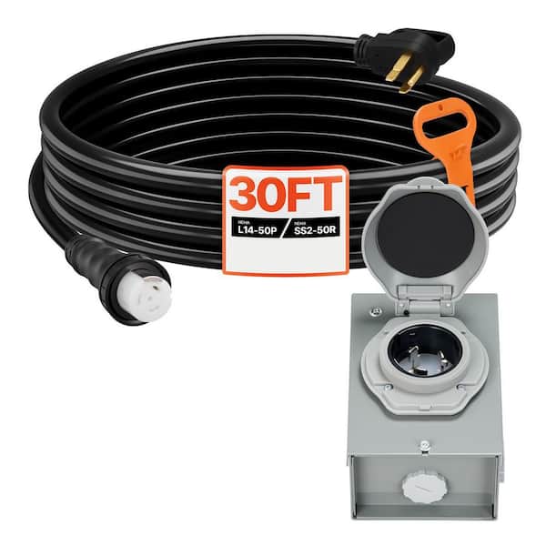 30 ft., 50 Amp Generator Cord and Power Inlet Box, 125-Volt/250-Volt STW 6/3 Plus 8/1 AWG Generator Extension Cord