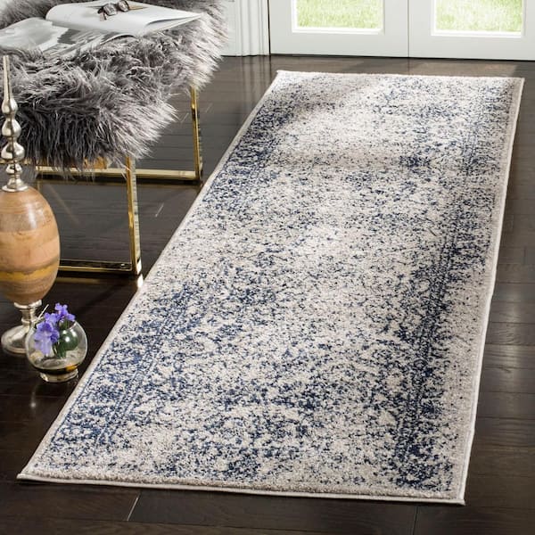 Adirondack 3 ft. x 10 ft. Gray/Navy Border Distressed Runner Rug