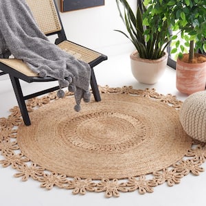 Natural Fiber Beige Doormat 3 ft. x 3 ft. Woven Floral Round Area Rug