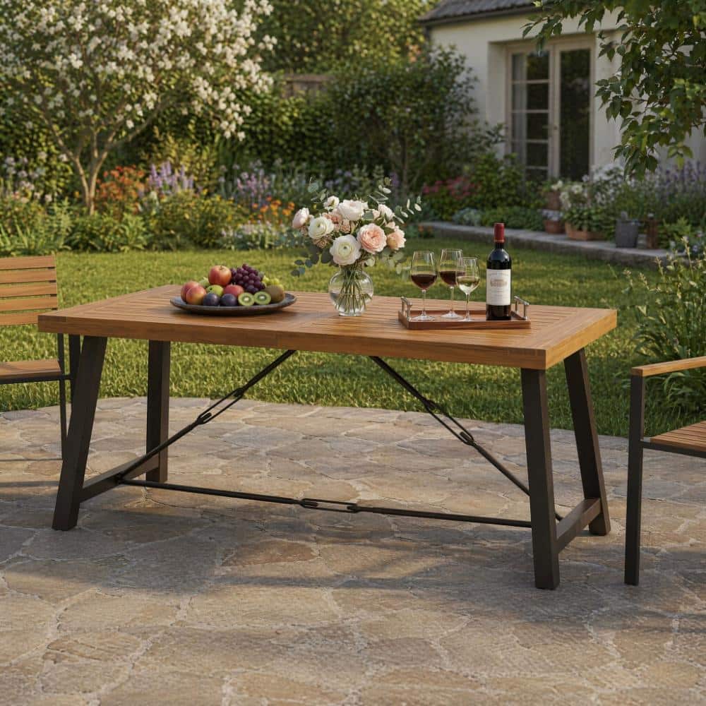 70 in L Teak Wood Outdoor Dining Table with Metal Base for Patio and Garden price history on PriceWatchPro