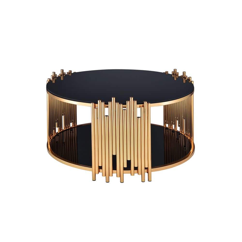 Tanquin Black Glass and Gold Round Coffee Table with Shelf