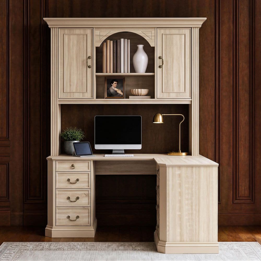 62.4 in. L-Shaped Natural Wood 8-Drawer Desk with Hutch, Arched Open Shelves, Cabinets, Doors For Home Office