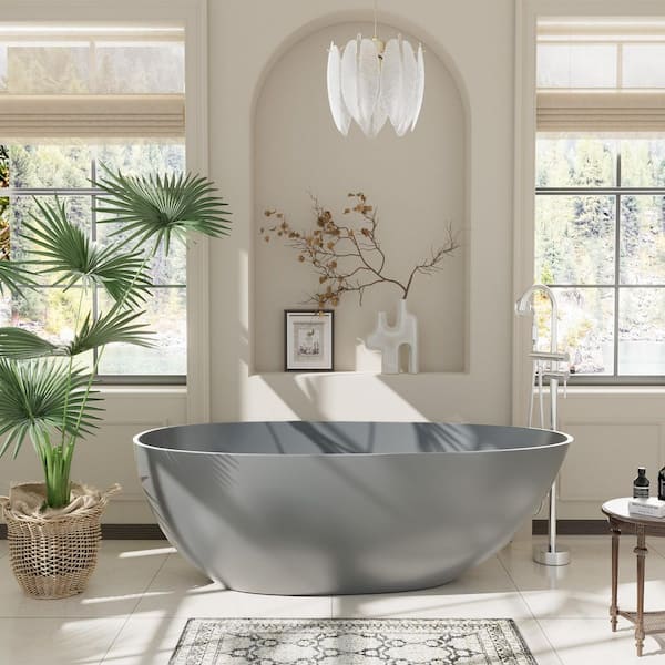 59 in. x 31 in. Solid Surface Stone Resin Freestanding Soaking Bathtub with Center Drain, Drainer and Hose in Matte Gray