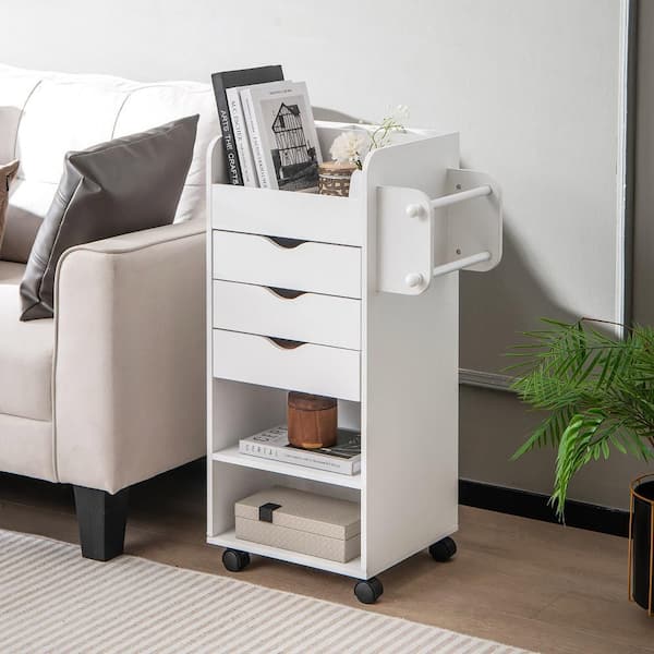 19 in. Rolling Craft Storage Cart Wooden White Utility Cart w/3 Drawers 3-Shelf and Slot 2-Dowels