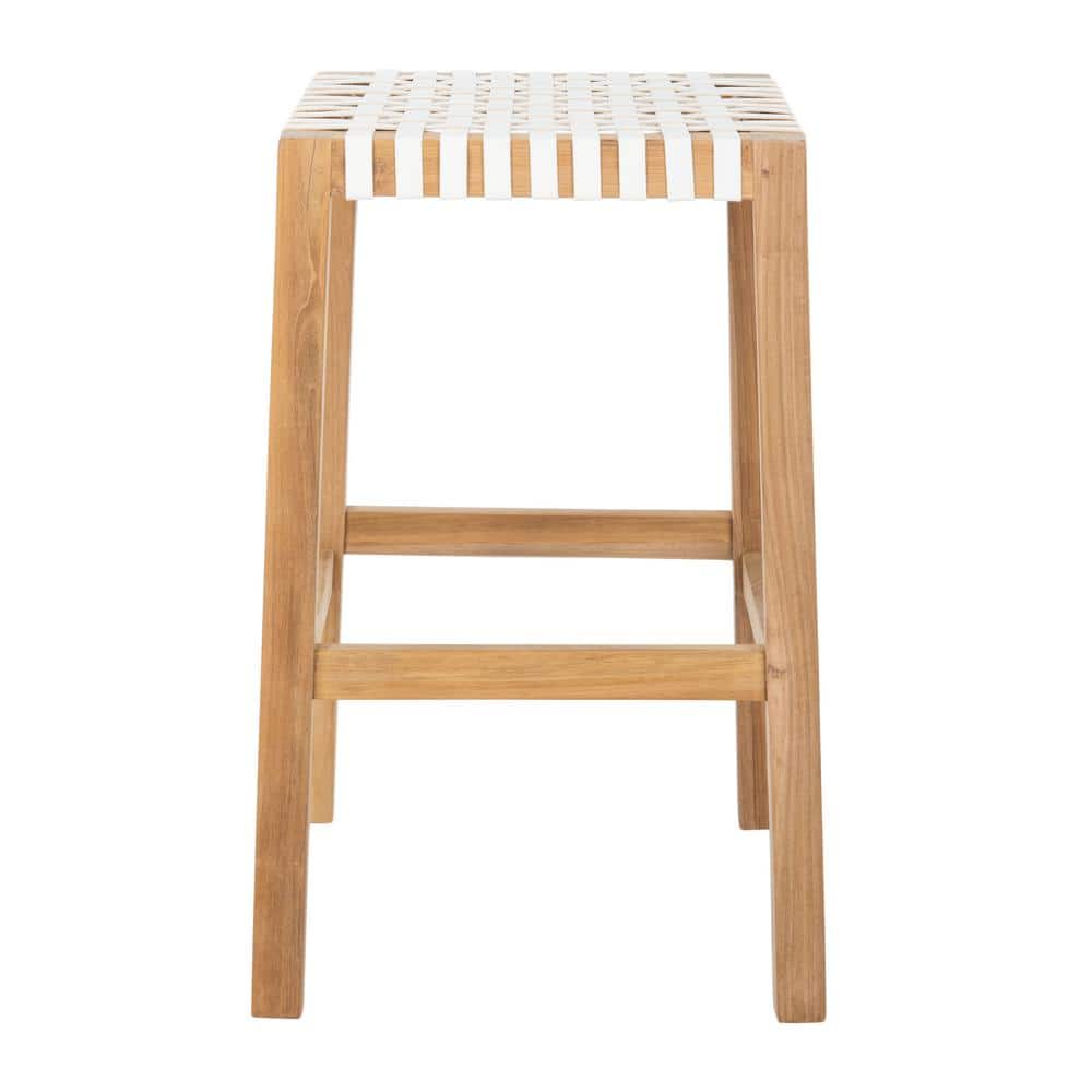 Natural Teak and White Leather Backless Counter Stool