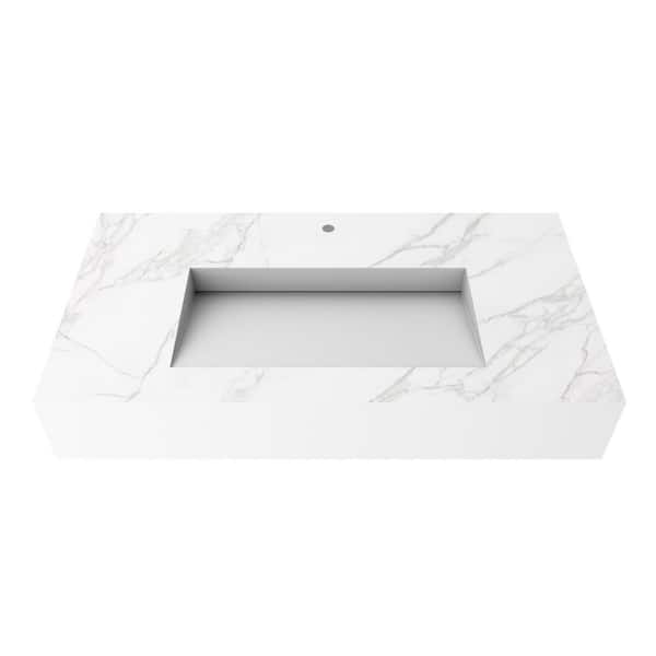 Pyramid 35.43 in. x 19 in. x 5.9 in. Wall Mount Solid Surface Single-Basin Rectangle Bathroom Sink in Matte White Marble