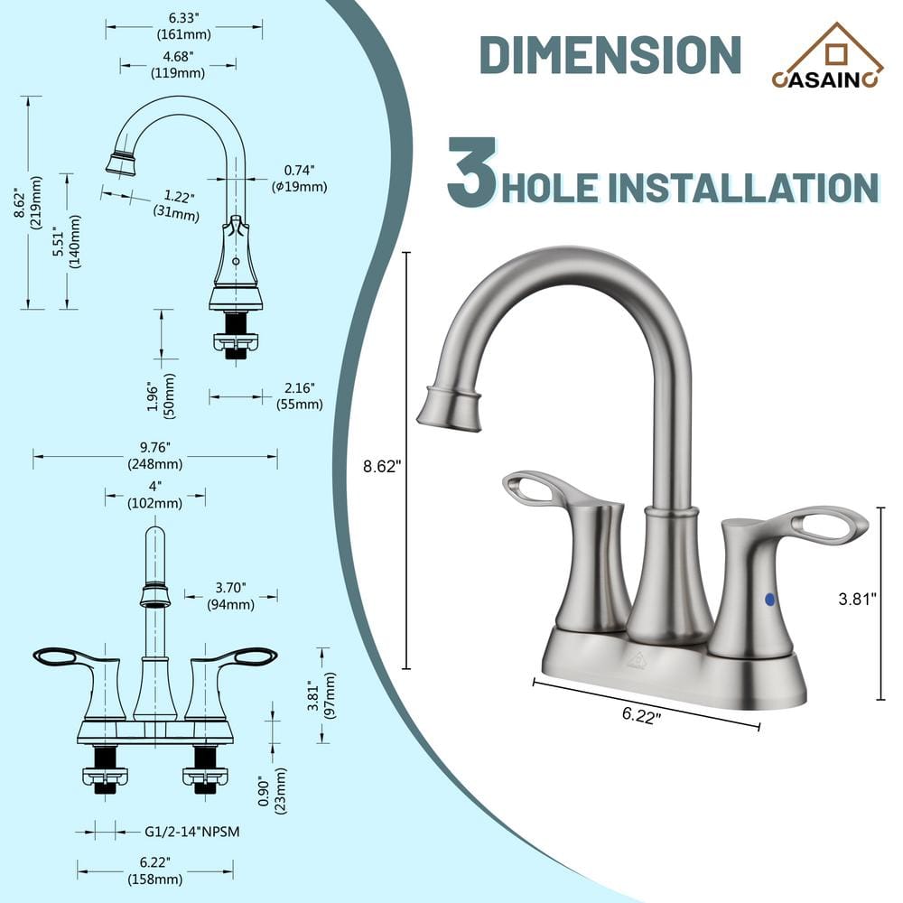 Brushed Nickel Dual Handle High Arc Bathroom Faucet with Metal Drain