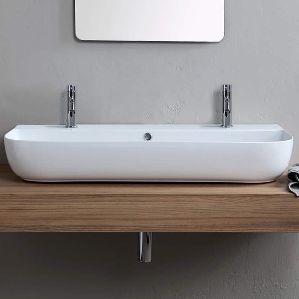 Glossy White Ceramic Wall-Mount Rectangular Bathroom Sink