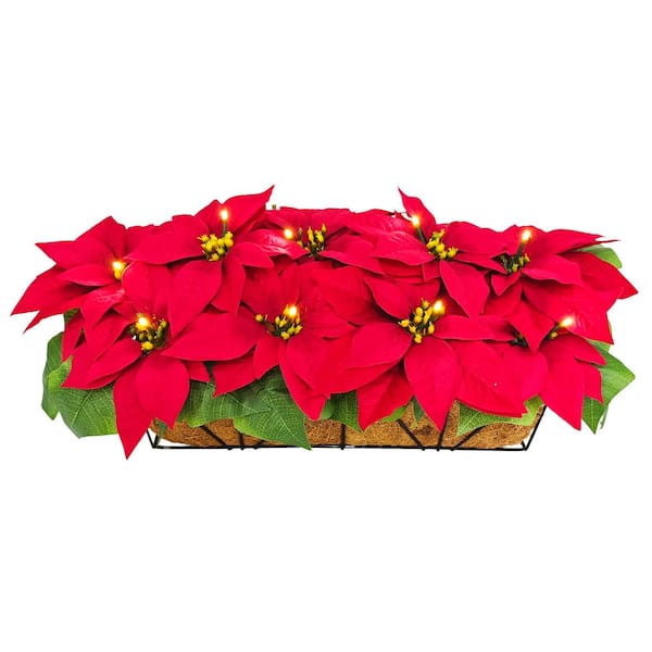 24 in. Pre-Lit Battery-Operated Red Poinsettia Artificial Christmas Window Box Decor Arrangement