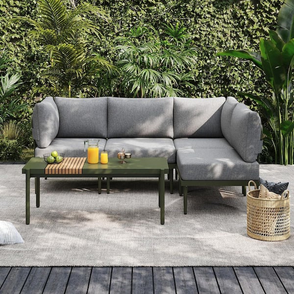 5-Piece Outdoor Conversation Furniture Set with Coffee Table, Green Frame and Grey Cushions
