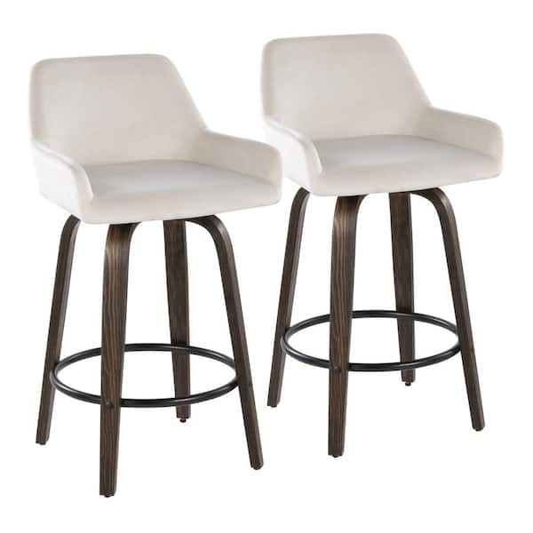 Daniella 25.5 in. White Velvet, Walnut Glazed Wood and Black Metal Fixed-Height Counter Stool (Set of 2)