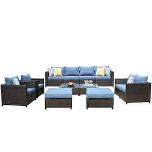 King 12-Piece Big Size Wicker Outdoor Patio Conversation Seating Set with Blue Cushions