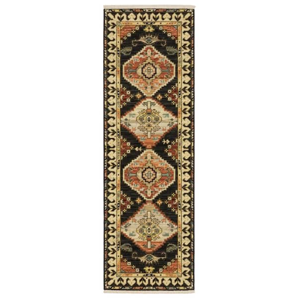 Lillian Navy/Multi-Colored 2 ft. x 6 ft. Oriental Tribal Medallion Wool/Nylon Blend Fringed-Edge Indoor Runner Area Rug