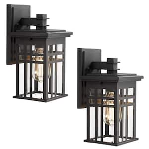 12 in. 1-Light Black With Clear Glass Hardwired Outdoor Wall Lantern Sconce Light 2-Pack
