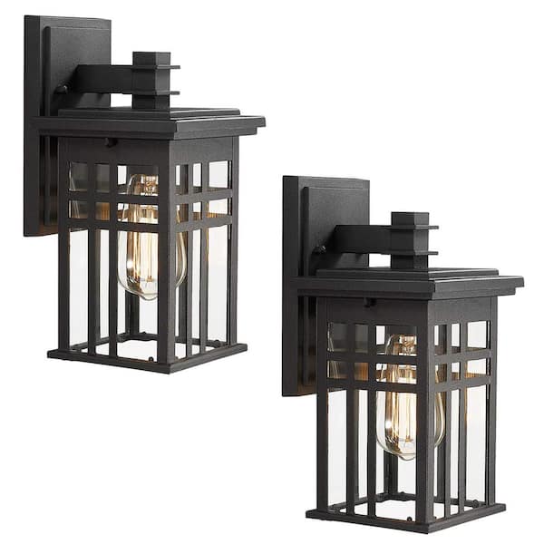 JAZAVA 12 in. 1-Light Black With Clear Glass Hardwired Outdoor Wall Lantern Sconce Light 2-Pack