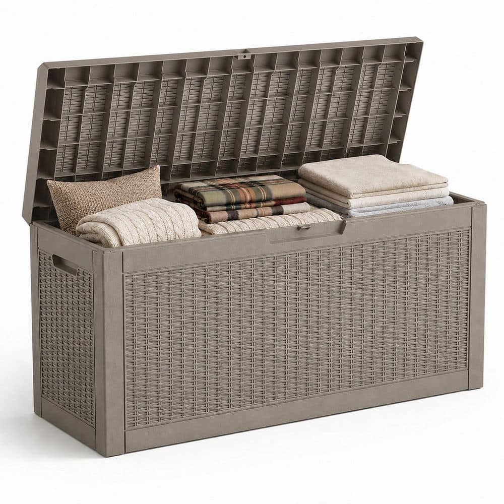 70 Gal. Medium Gray Wicker Resin Deck Box with Hydraulic Lid and Lockable Outdoor Storage Chest