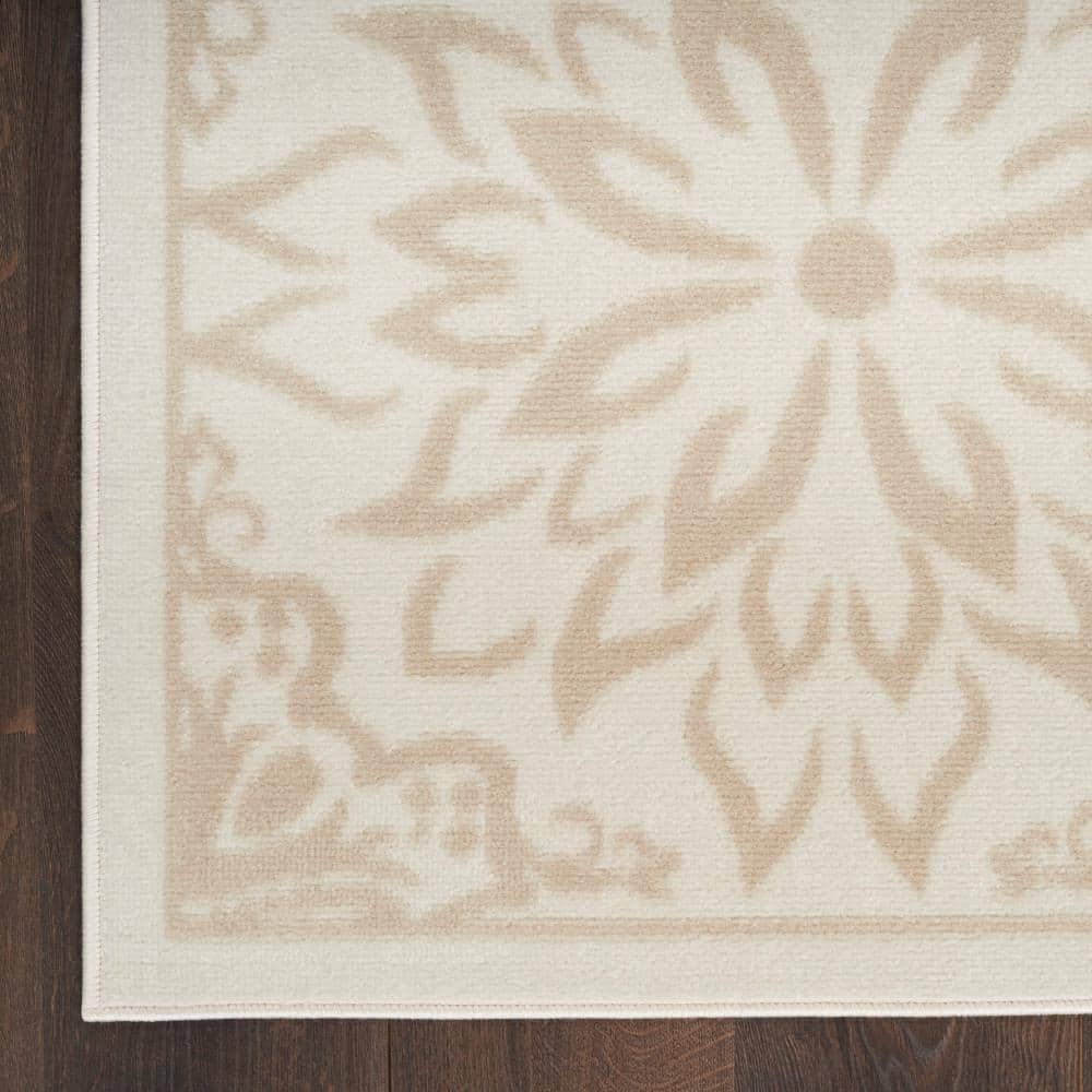 Ivory Beige Floral Synthetic Rectangular Area Rug 8'6" x 12'
