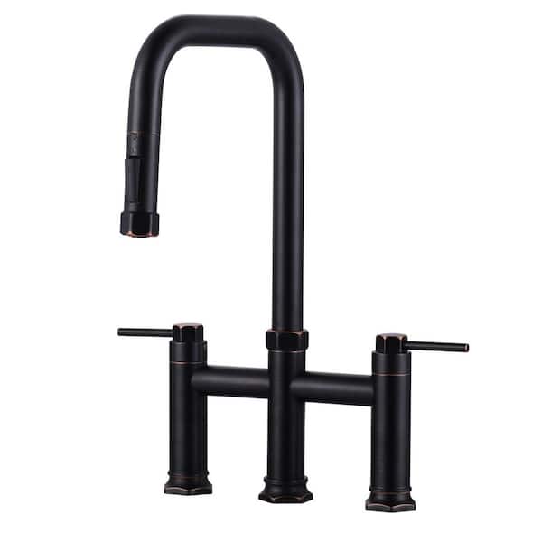 3 Holes Double Handle Brass Bridge Kitchen Faucet with Pull Down Sprayer and Supply Lines in Oil Rubbed Bronze