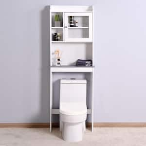 3-Shelf White Modern MDF Bathroom Toilet Cabinet with 1 Glass Door and Adjustable Shelves