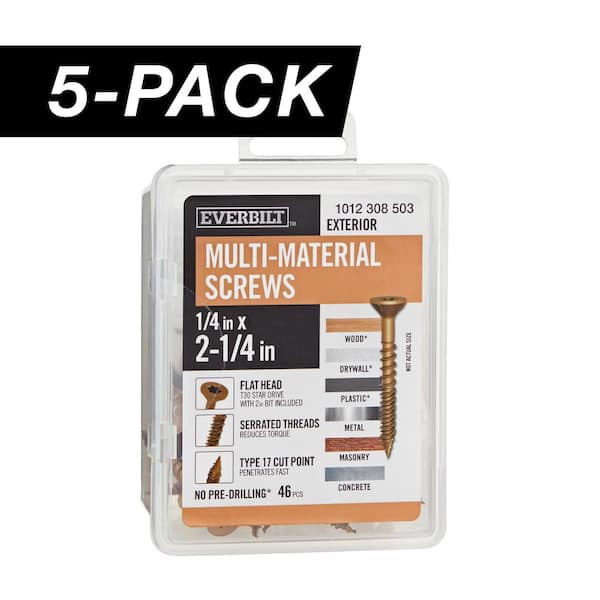 Everbilt 5-Pack 1/4 in x 2-1/4 in. Brown 6-Lobe Star Drive Exterior Flat Head Multi-Material Screw (5 lbs. / 230-Piece)