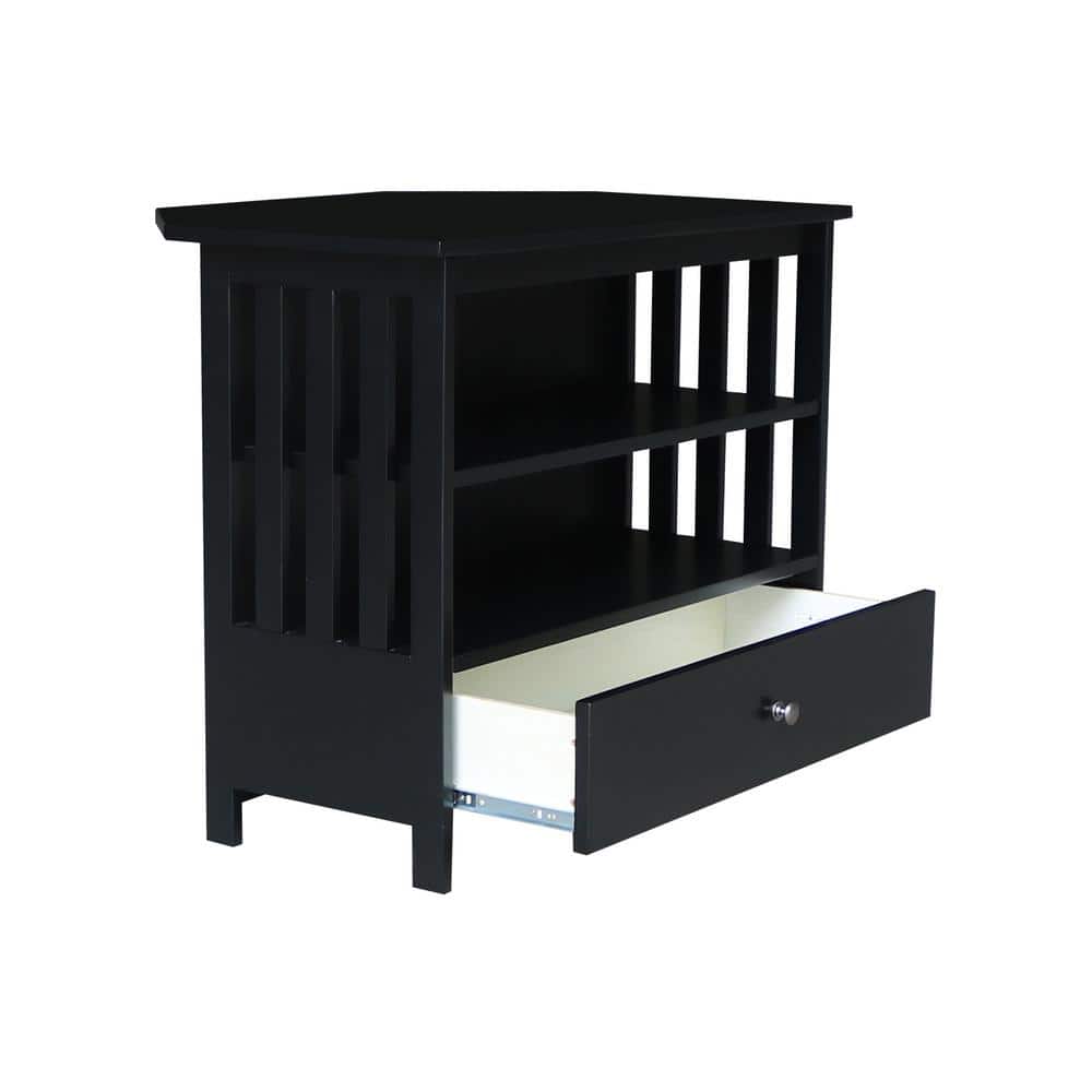 Black Solid Wood Corner TV Stand with Drawer and Shelves