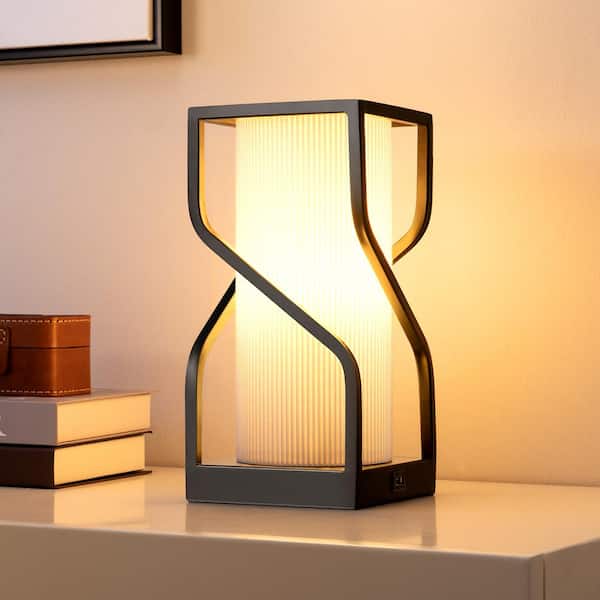 EDISHINE 11.4 in. Black Dimmable Touch Control Metal Table Lamp with Fabric White Crease Shade and USB Port