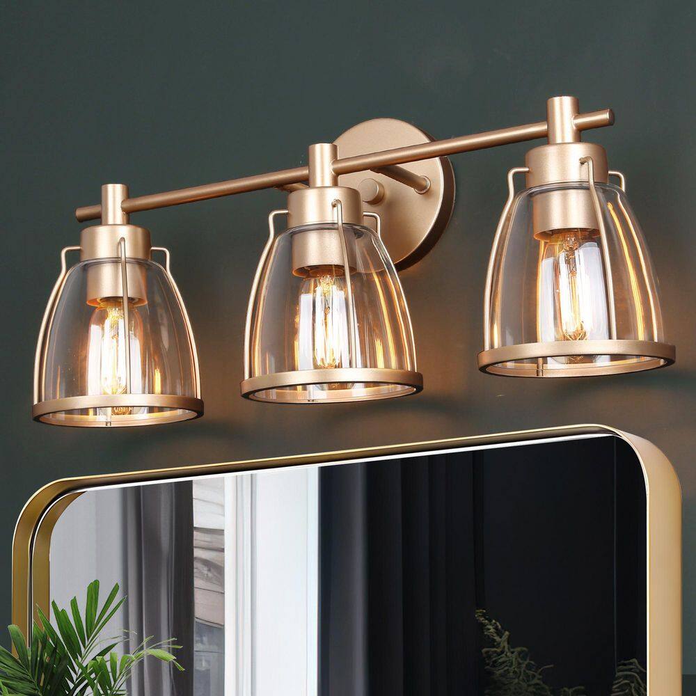 Connty 22 in. 3-Light Modern Farmhouse Gold Vanity Light with Clear Bell Glass Shades, Wall Sconce for Bathroom, Mirrors price history on PriceWatchPro