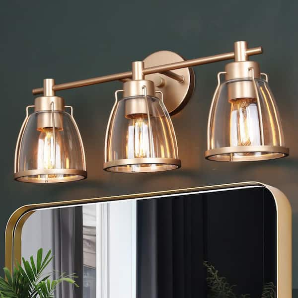Zevni Connty 22 in. 3-Light Modern Farmhouse Gold Vanity Light with Clear Bell Glass Shades, Wall Sconce for Bathroom, Mirrors