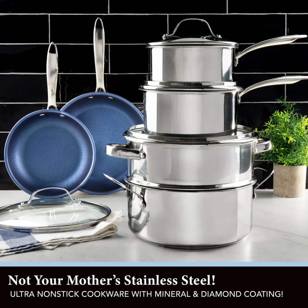 Blue Stainless Steel Nonstick 5-Piece Cookware Set