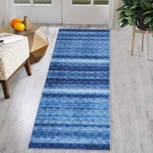Navy Blue 2 ft. x 6 ft. Distressed Geometric Area Rug