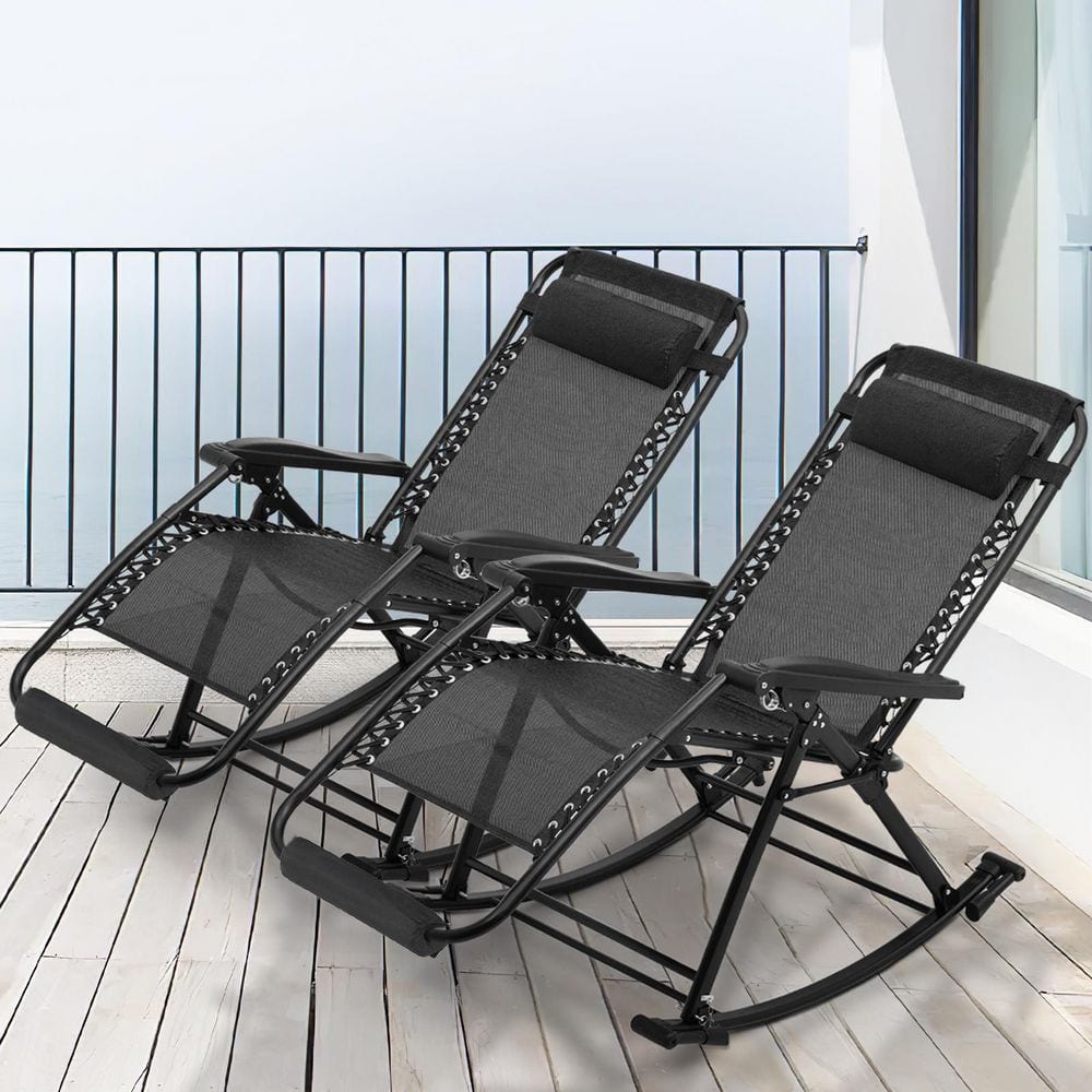 (Set of 2) Foldable Patio Headrest and Foot Pad Chair Black Metal Outdoor Rocking Chair with Black Cushion price history on PriceWatchPro