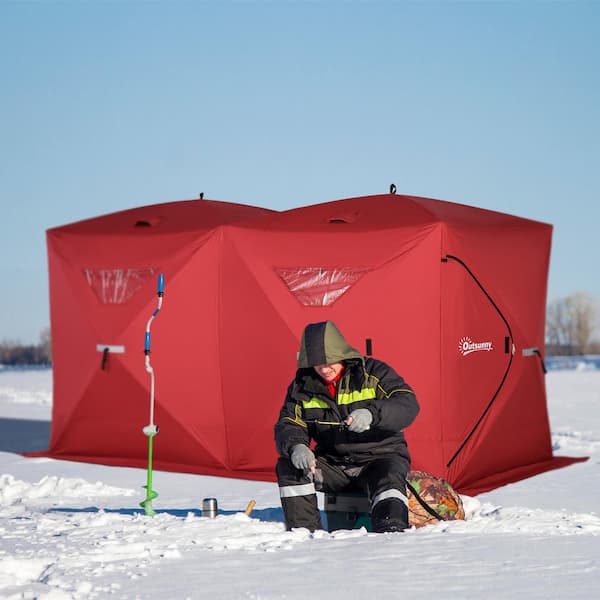 Outsunny 8 Person Waterproof Portable Pop-Up Ice Fishing Shelter with 2 Doors - Red