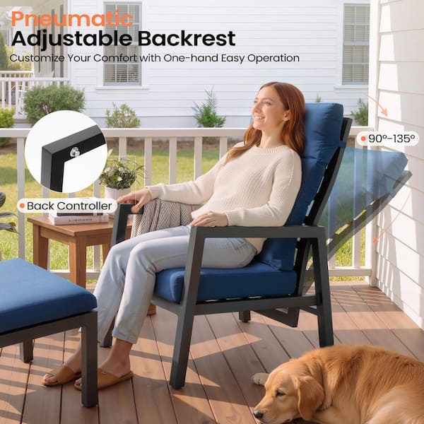 Rust-Resistant Aluminum Adjustable Outdoor Lounge Chair Set with Ottoman and 4.7 in. Cushion in Navy Blue (2-Piece)