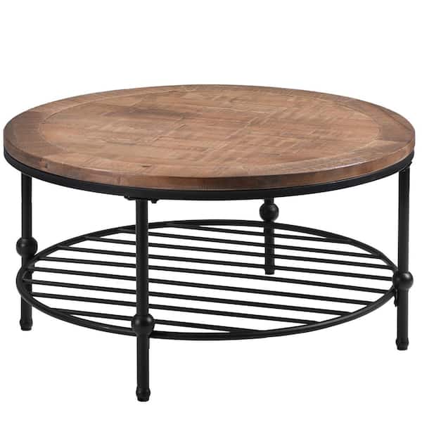 Utopia 4niture Enna 35 .80 in. Natural Round Wood Coffee Table with Storage Shelf