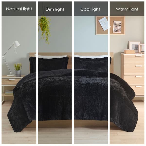 Leena 3-Pieced Black Polyester Full/Queen Shaggy Long Fur Comforter Set