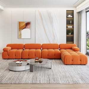 103.85 in. Square Arm 4-Piece L Shaped Velvet Modular Free Combination Sectional Sofa with Ottoman in Orange