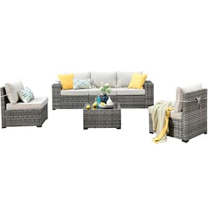 Crater Gray 6-Piece Wicker Wide-Plus Arm Outdoor Patio Conversation Sofa Set with Beige Cushions