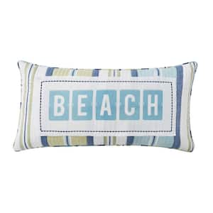 Bayport Green, Blue and White Stripe, BEACH Print Appliqued 12 in. x 24 in. Throw Pillow