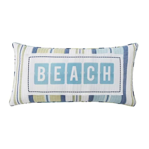 LEVTEX HOME Bayport Green, Blue and White Stripe, BEACH Print Appliqued 12 in. x 24 in. Throw Pillow