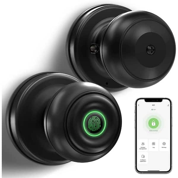 TIRAMISUBEST Fingerprint Door Lock Black Smart Doorknob with App Control, Great for Bedrooms, Offices, Hotels