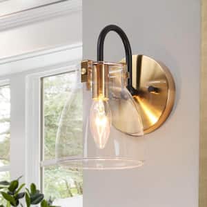 Black and Gold Wall Sconce, 1-Light Modern Transitional Bathroom Vanity Light with Clear Glass Shade