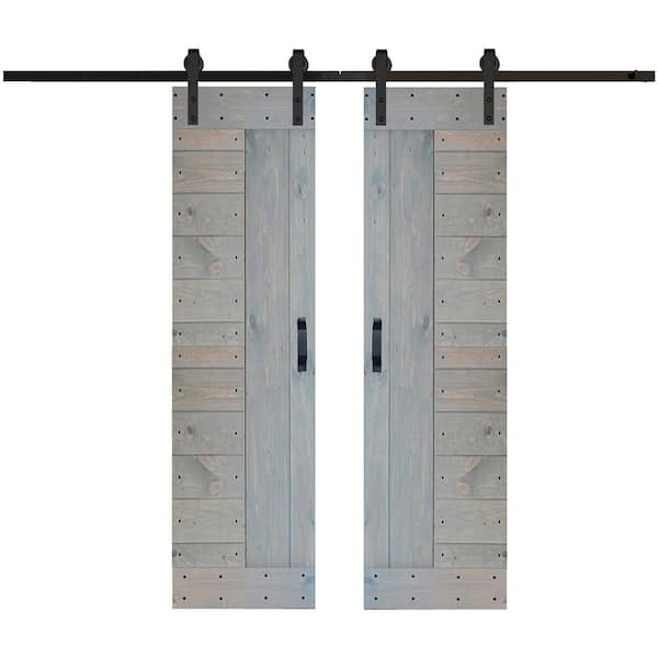 ISLIFE L Series 48 in. x 84 in. French Gray Finished Solid Wood Double Sliding Barn Door with Hardware Kit - Assembly Needed